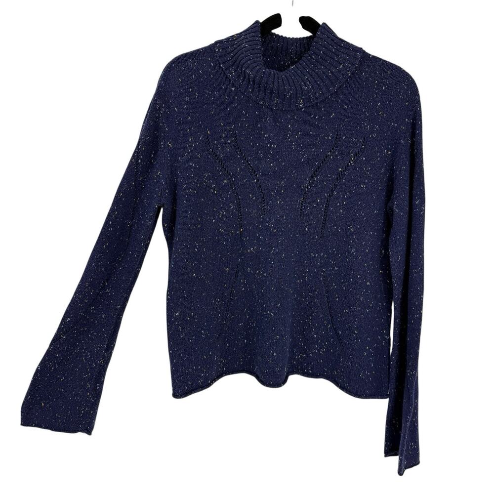 VTG J Jill Turtleneck Sweater Medium Blue Confetti Knit Bell Sleeve Fisherman